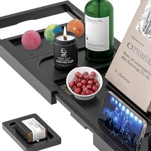 Bamboo Bath Caddy Tray Black NEW expandable great gift